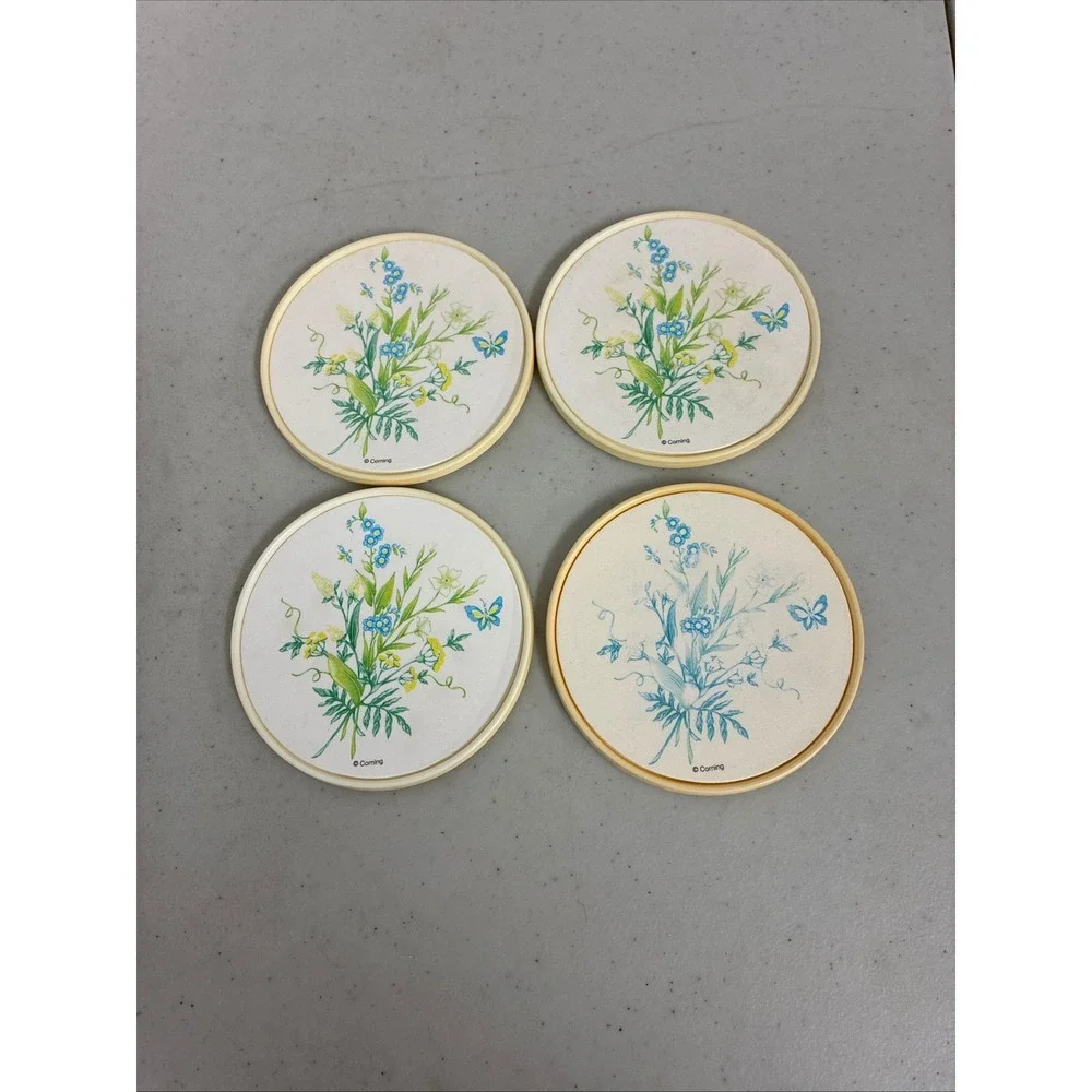 Vintage Corning Meadow Floral Coasters Set of 4 Blue Forget Me Not Butterfly 70s